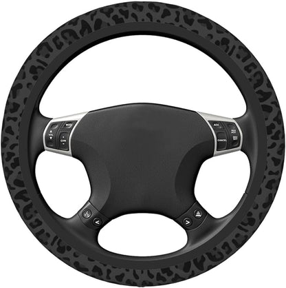 Black Leopard Print Cheetah Elastic Steering Wheel Cover for Women,Universal Auto Steering Wheel 14-15 Inch Car Interior Accessories with 2PCS Car Coasters,Suitable for Men and Women