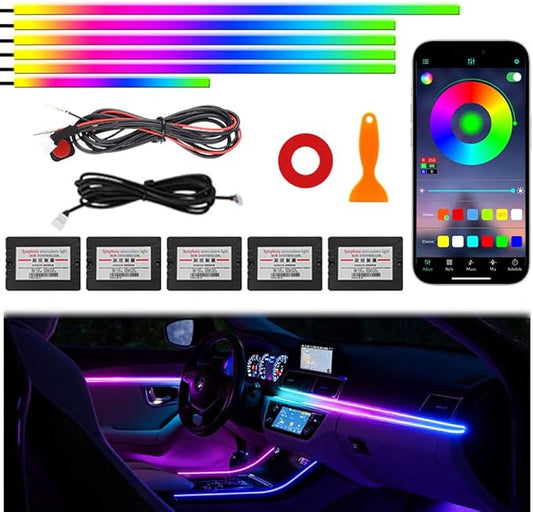 Acrylic Interior Car Ambient Lighting Kits, LED Strip Lights with Wireless APP, Neon Fiber Optic Lights Function LED Strip for Car with Music Modes (6 in 1)
