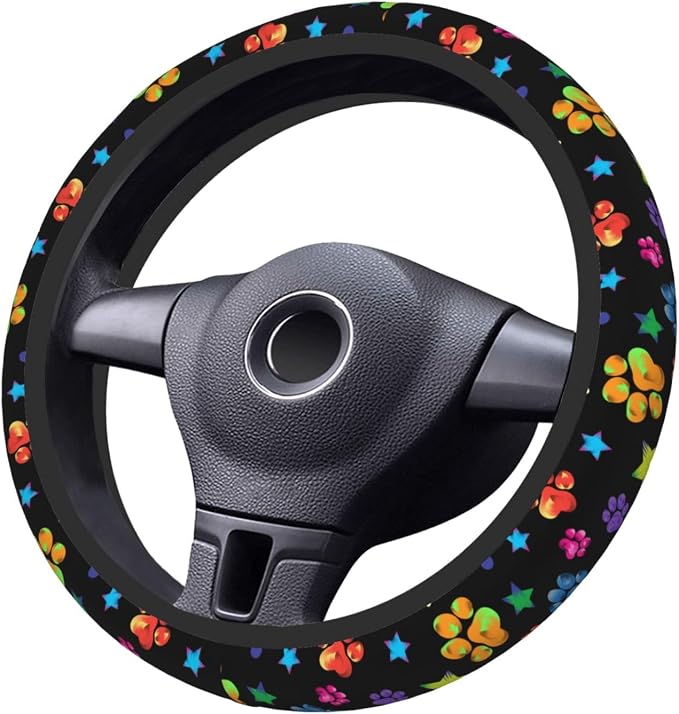 Paw Print Steering Wheel Cover for Women, Universal Auto Steering Wheel 14-15 Inch Car Interior Accessories with 2PCS Car Coasters, Suitable for Men and Women