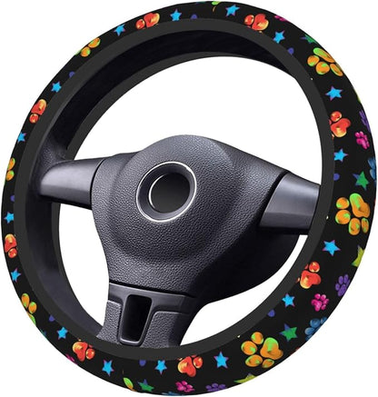 Paw Print Steering Wheel Cover for Women, Universal Auto Steering Wheel 14-15 Inch Car Interior Accessories with 2PCS Car Coasters, Suitable for Men and Women