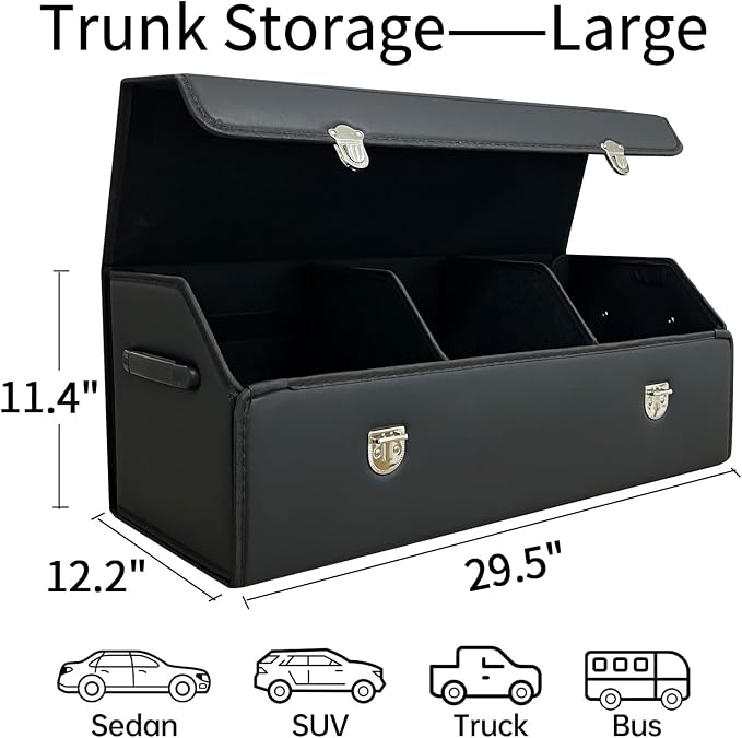 Car Trunk Organizer with Lid,Foldable Faux Leather Cargo Storage Box,3 Compartments,Collapsible Multi-Functional for SUV,Sedan,Vehicle Trunk