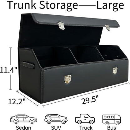 Car Trunk Organizer with Lid,Foldable Faux Leather Cargo Storage Box,3 Compartments,Collapsible Multi-Functional for SUV,Sedan,Vehicle Trunk