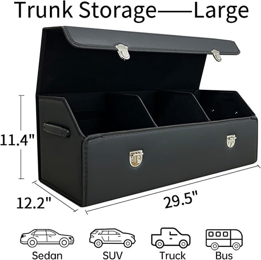 Car Trunk Organizer with Lid,Foldable Faux Leather Cargo Storage Box,3 Compartments,Collapsible Multi-Functional for SUV,Sedan,Vehicle Trunk