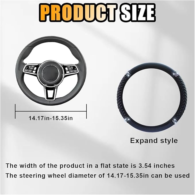 Bling Soft Leather Steering Wheel Cover, 15 Inch Colorful Rhinestones Auto Elastic Protector with Crystal Diamond for Women Girls, Car Accessories for Most Cars, SUVs (Black)
