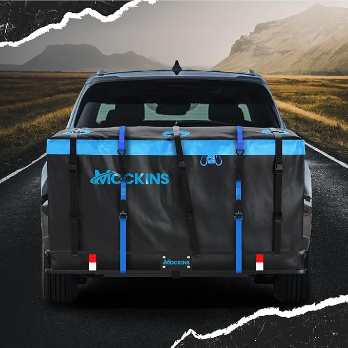 Mockins 25 Cu Ft Large Weatherproof Trailer Hitch Cargo Carrier Bag Set | 60"x24"x31" Waterproof Cargo Bag for Hitch Carrier & Truck Bed | Vinyl Vehicle Soft-Shell Carriers w/ Straps, Lock & Case