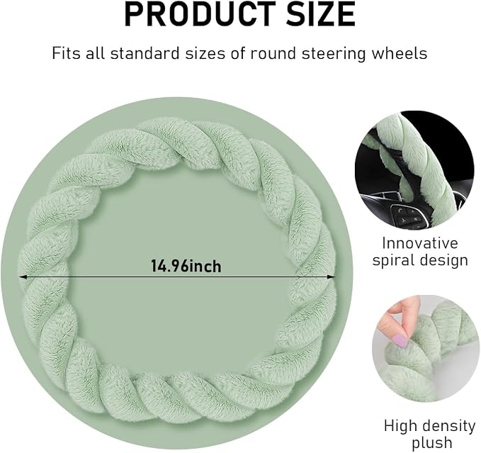 KVAEY Fluffy Car Steering Wheel Cover, 15 Inches Anti-Slip Round Fuzzy Winter Steering Wheel Protector, Soft Warm Plush Steering Wheel Cover for Women Girls, Car Accessories (Green, D-Shaped)