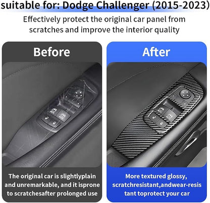 Car Door Power Window Lift Switch Protection Panel for Dodge Challenger 2015 2016 2017 2018 2019 2020 2021 2022 2023 Auto Interior Accessories Side Pull Handle Trim Cover Carbon Fiber Style Kit