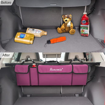 Car Trunk Organizer, Backseat Hanging Storage with 4 Large Pockets, Collapsible Cargo Bag with Adjustable Straps Frees Trunk Floor, Sturdy Space Saving Expert for SUV, Truck, Van (Purple)