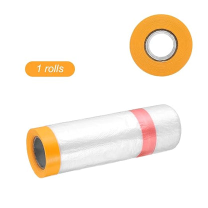 HARFINGTON Pre-Taped Masking Film 43.3" x32.8ft Double Adhesive Tape and Drape Painters Plastic Drop Cloth Film with Tape Plastic Sheeting for Automotive Painting Covering