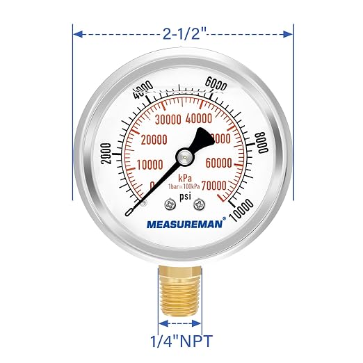 MEASUREMAN 2-1/2" Dial Size, Glycerin Filled Pressure Gauge, 0-10000psi/kpa, 304 Stainless Steel Case, 1/4" NPT Lower Mount