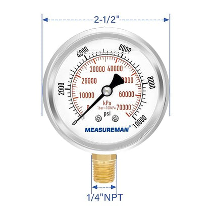 MEASUREMAN 2-1/2" Dial Size, Glycerin Filled Pressure Gauge, 0-10000psi/kpa, 304 Stainless Steel Case, 1/4" NPT Lower Mount