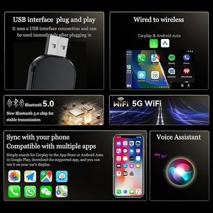Wireless CarPlay Adapter 2-in-1 for Toyota Camry 2017 2018 2019 2020 2021 2022 2023 2024 2025 2026, USB Design Plug and Play Bluetooth Fast Connection Car Accessories,A-Black