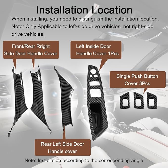 7PCS Carbon Fiber Interior Door Handle Cover Kit Replacement for BMW 5 Series F10 / F11 (2010-2016) 520i 523i 525i 528i 530i 535i | Driver Passenger Window Switch Panel Window Switch Covers
