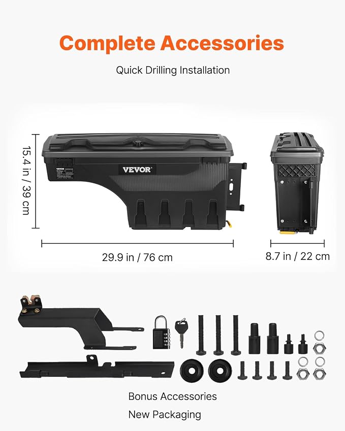 VEVOR Truck Bed Storage Box, Compatible with 2015-2020 Ford F150 R, Waterproof ABS Wheel Well Tool Box with Lockable Lid and Password Padlock, 6.6 Gal/25 L Truck Bed Toolbox, Passenger Side, Black