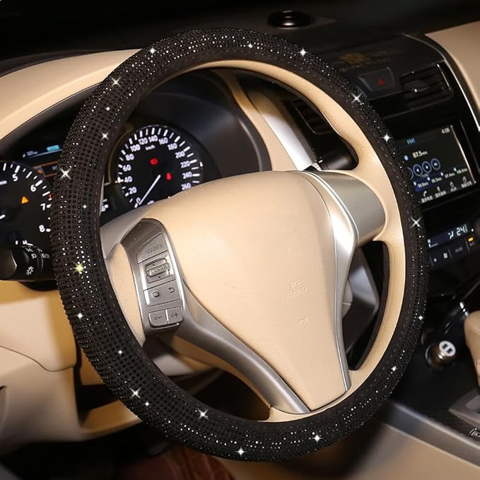 Bling Steering Wheel Cover Women Girls Black Rhinestone Car Accessories 15 Inch Universal Crystal Diamond Cool Bling Anti-Slip Wheel Protector
