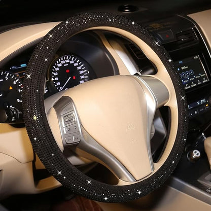 Bling Steering Wheel Cover Women Girls Black Rhinestone Car Accessories 15 Inch Universal Crystal Diamond Cool Bling Anti-Slip Wheel Protector