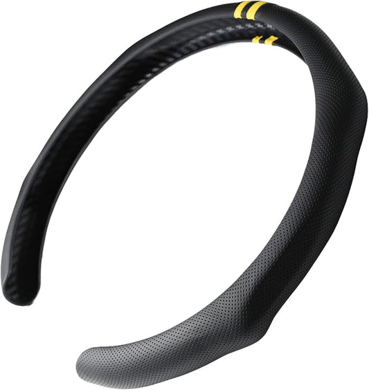 Quick Install Sporty Perforated Nappa Leather Steering Wheel Cover with Yellow Stripes Universal fit 14½" to 15" Car SUV Pickup Steering Wheel