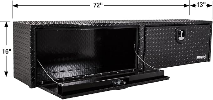 Buyers Products 1721551 Black Aluminum Diamond Tread Topsider Truck Box With Drop Door, 72 x 13 x 16 Inch, Made in The USA, Lockable Tool Chest, Durable Job Box For Storage & Organization