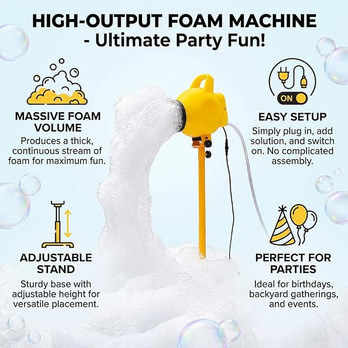 PILIN Yellow Foam Machine for Party 800W Electric Foam Cannon with Water Tank & 2 Foam Powder Packs, Adjustable Foam Machine for Indoor Outdoor Events, Festivals, Birthday Parties, Weddings