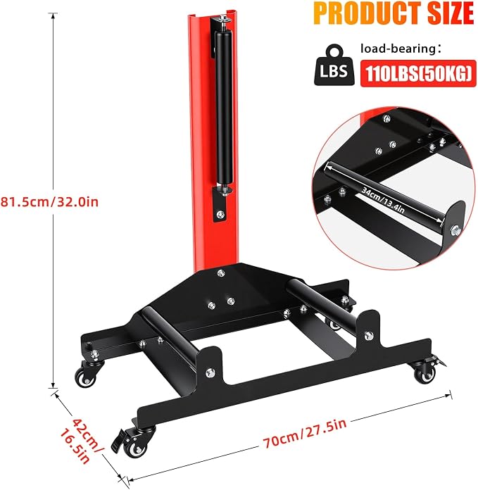 Rolling Wheel Detailing Stand, Tire Cleaning Stand with 3 Rollers and Casters, Steel Wheel Rim Cleaning Rack for Ceramic Coating, Tire Shine, Polishing Red
