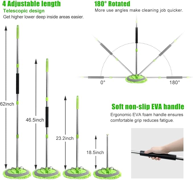 62'' Car Wash Brush with Long Handle Car Wash Mop Mitt Chenille Car Cleaning Kits Windshield Window Squeegee Car Duster Microfiber Towel Gloves for Cars RV SUV Truck 11PCS