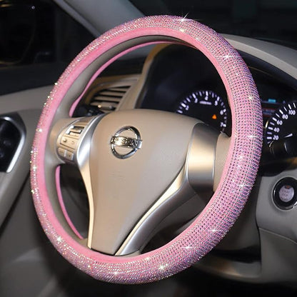 Carwales Pink Bling Steering Wheel Cover for Women Sparkly Rhinestone Bedazzled Car Accessories Diamond Cute 15.5-16 inch for Large Size Steering Wheel