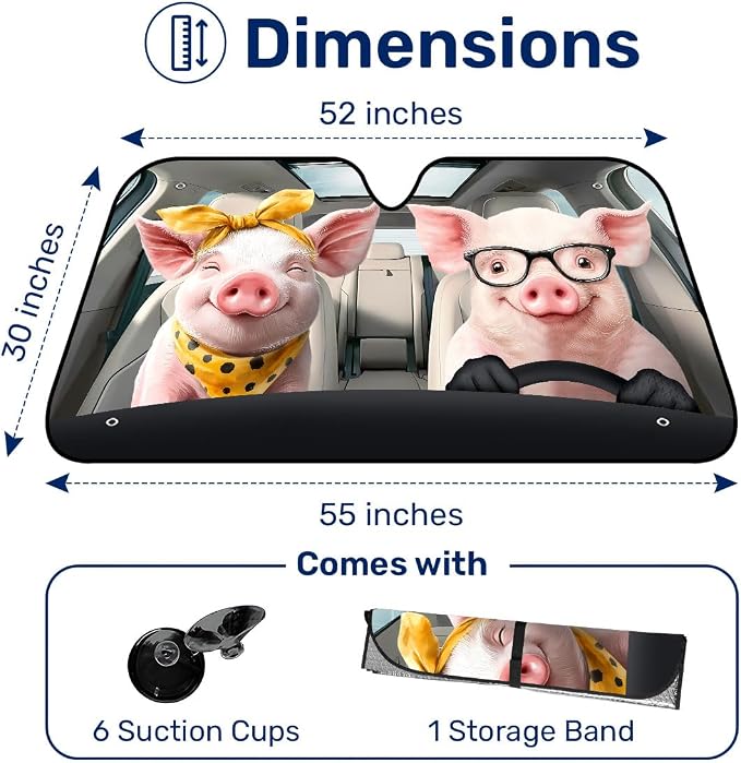 GENANY Pig Couple Cute Windshield Sun Shade for Car SUV Truck (55x30 Inches), Sun Shade Windshield, Shades for Front Windows, Protector Blocks UV, Car Decor