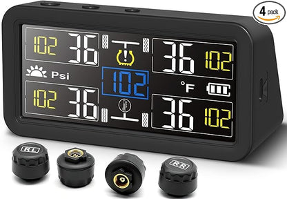 4-Wheel Tire Pressure Monitoring System (TPMS), 4" LCD Display with Solar & USB-C Charging, Real-Time Tire Pressure & Temperature Monitoring, 5 Alert Modes for RV, Trailer, Truck & Tow Vehicles