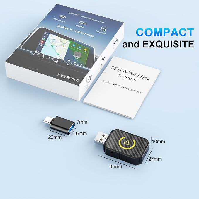Mini Wireless CarPlay & Android Auto Adapter - Stable Fast Connection for iPhone/Android - Convert Factory Wired to Wireless for Cars 2016+