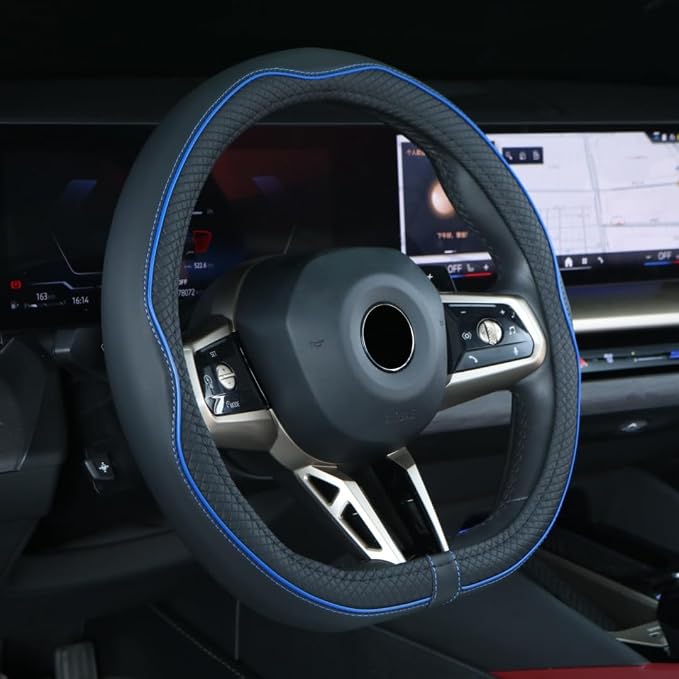 Mayco Bell Flat Bottom Steering Wheel Cover Anti-Slip,Safety,Soft,Breathable,Durable,Full Surround,Comfortable Grip Microfiber Leather (D Shape, Black Dark Blue)