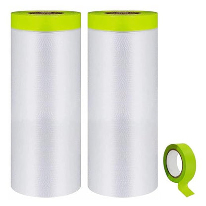 Pre-Taped Masking Film-55inx65ft Tape and Drape Painters Paper Rolls, Plastic Painting Film for Automotive Painting Covering （Masking Film:2rolls,Tape:1roll）