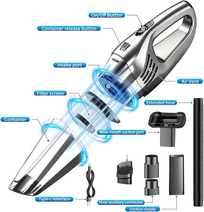 Car Vacuum Portable Cordless – 12000PA Strong Suction, Lightweight & Rechargeable – Includes Multi-Nozzle Attachments for Car, Home, Office, and Pet Hair – Compact & Powerful Grey Vacuum
