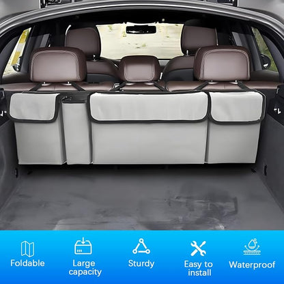 Car Trunk Organizer with Lid, Large Waterproof Vehicle Backseat Hanging Storage Bag with 4 Pockets & Adjustable Straps, Collapsible Automotive Interior Cargo Bag, Universal Fit (White/Grey)