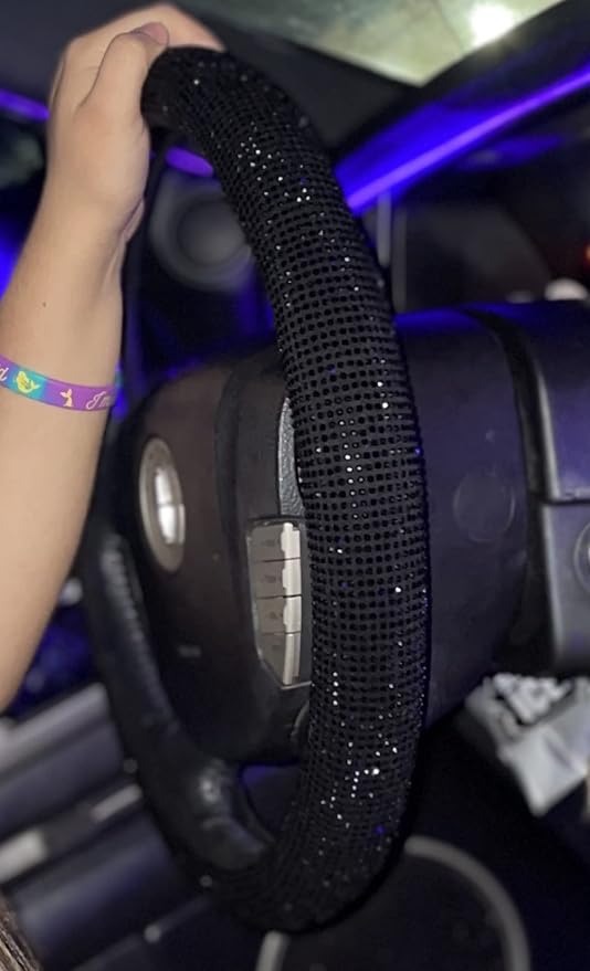 Bling Steering Wheel Cover Women Girls Black Rhinestone Car Accessories 15 Inch Universal Crystal Diamond Cool Bling Anti-Slip Wheel Protector