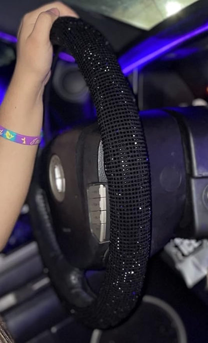 Bling Steering Wheel Cover Women Girls Black Rhinestone Car Accessories 15 Inch Universal Crystal Diamond Cool Bling Anti-Slip Wheel Protector