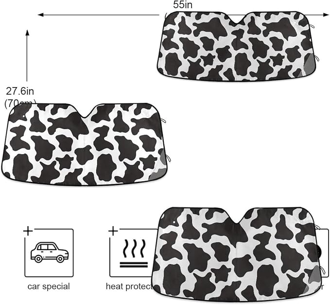 Black and White Cow Print Shade Windshield Sun Shade,Foldable Car Sun Shade for Front Windshield Sunshades Protector Blocks UV Rays Sun Visor Protect and Cool Your Vehicle Interior