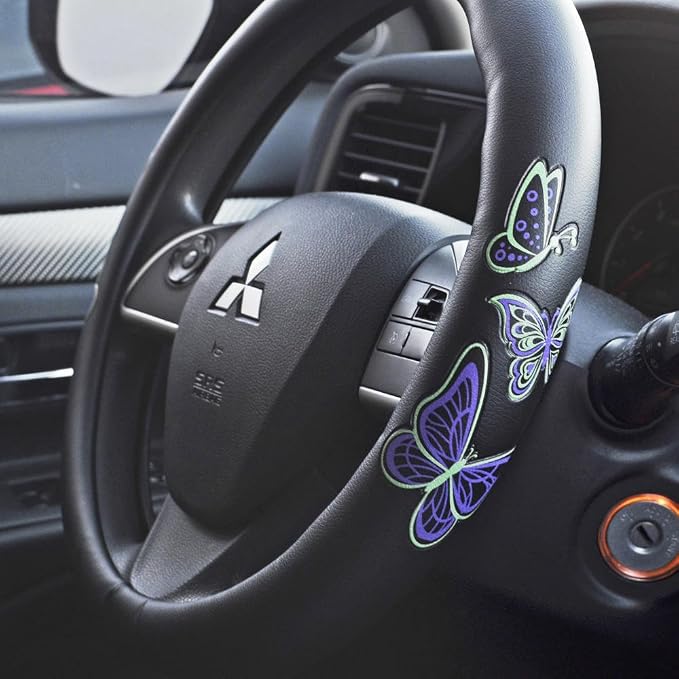 BDK GripGrab Comfort Grip - Purple & Green Butterflies on Black Synthetic Leather Steering Wheel Cover 15 inch
