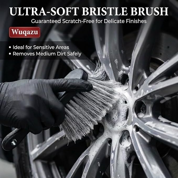 8PCS All-in-One Wheel & Tire Cleaning Kit - 360° Flexible Synthetic Wool Rim Brush, 2 Dual-Hardness Brushes, Dressing Pads & Storage Bag | Scratch-Free for All Vehicles