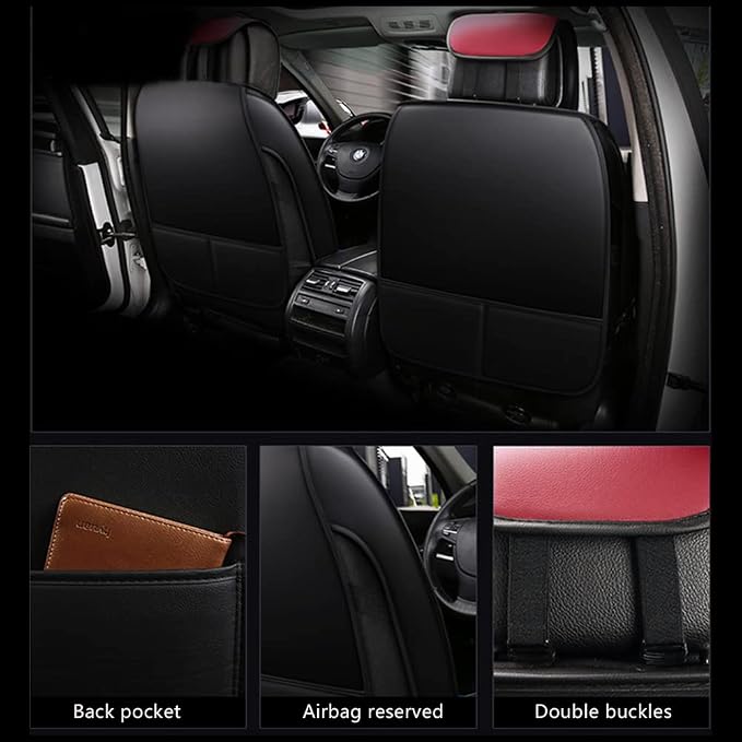 otoez Leather Car Seat Covers Full Set, Full Coverage Seat Covers for Cars, Waterproof Automotive Front & Back Seat Protector Universal Fit Most 5 Seats Car Sedan Truck SUV (Black & Red)
