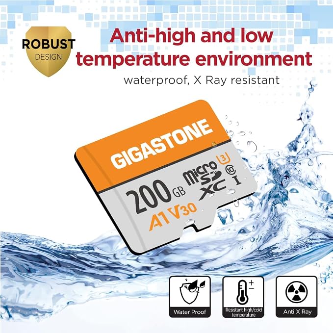 GIGASTONE 200GB Micro SD Card, A1 V30, 4K Video Recording, Compatible with Security Camera, Dash Cam, Drone, 100MB/s MicroSDXC Memory Card UHS-I V30 Class 10, with Adapter