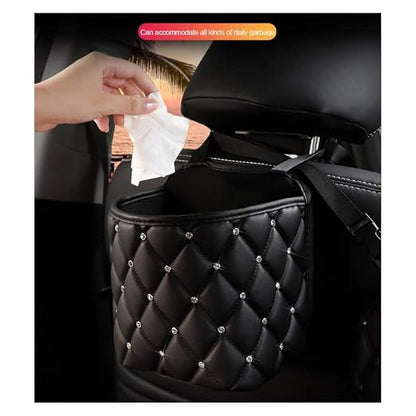 Bling Rhinestones Car Trash Can, Car Seat Back Organizer Trash Bag Auto Garbage Can Hanging Container Waste-Basket - Black