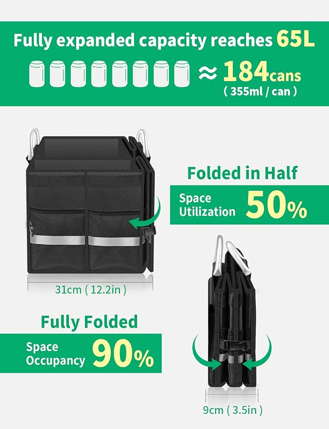Oasser Trunk Organizer, Large, Black | Waterproof, Collapsible, Foldable Hard Cover, Aluminium Alloy Handle, Reflective Strip