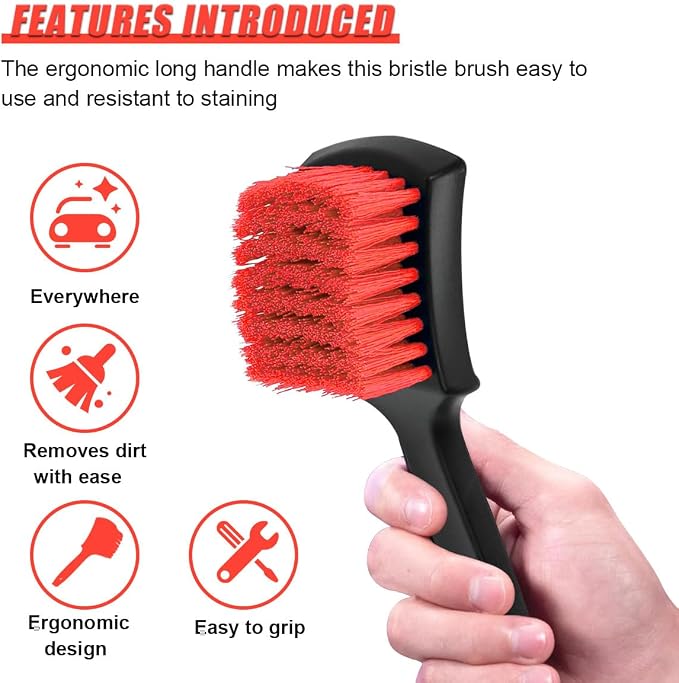 ZIMISI 8.3×2.5 Inch Car Wash Brush, Soft Bristle Short Handle Carpet Cleaning Brush, Scrub Brush for Floor Mats, Tires, Automotive Wheel Bushes for Vehicle Interior & Home (Red)