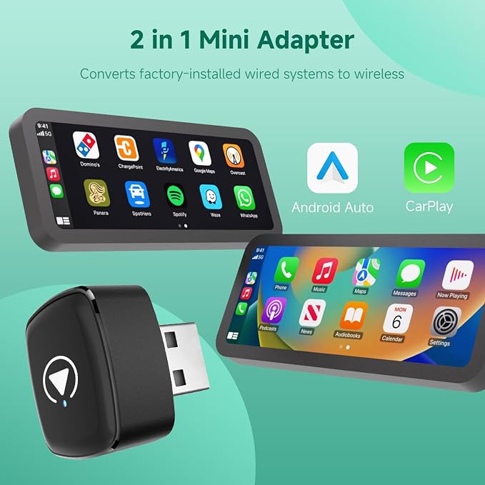 M1 Wireless CarPlay Android Auto Adapter, 2-in-1 Wired to Wireless Dongle, Aluminum Alloy & Glass Build, Mini Cable-Free Design, Dual 5G WiFi 6 for Cars with Factory Wired CP & AA