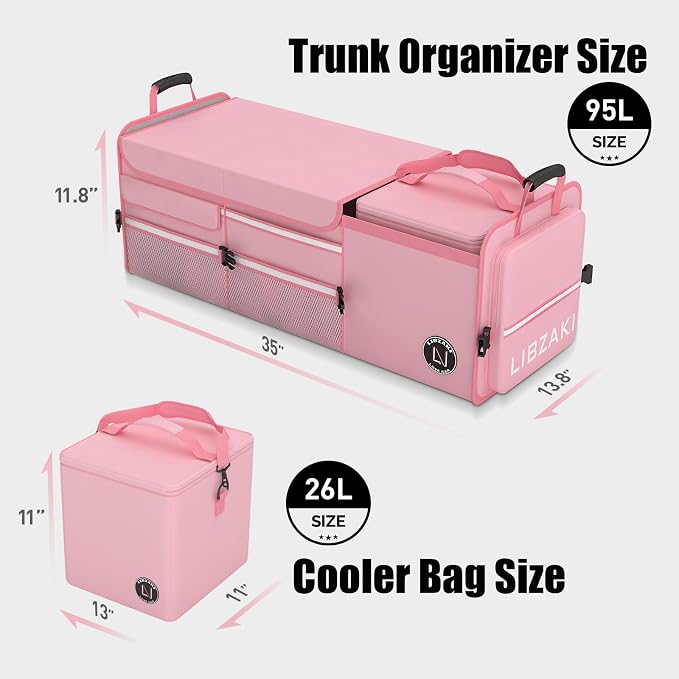 LIBZAKI Oversize 4 in 1 Car Trunk Storage Organizer, Multi Compartment Collapsible Trunk Storage Box with Cooler Bag for Car Truck SUV-Pink