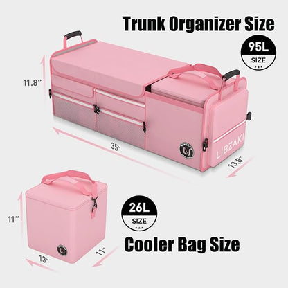 LIBZAKI Oversize 4 in 1 Car Trunk Storage Organizer, Multi Compartment Collapsible Trunk Storage Box with Cooler Bag for Car Truck SUV-Pink