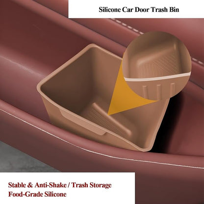 Car Trash Can, 2PCS Portable Silicone Leakproof Vehicles Side Door Storage Garbage Can, Multifunctional Automotive Interior Trash Bin, Universal for Automobile Truck SUV (Amber Brown)