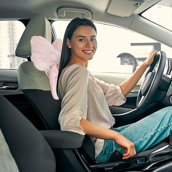 LYFJMUS 4 Pack Plush Bow Car Headrest Pillow and Lumbar Support Pillow Soft Butterfly Car Neck Pillows for Driving Cars Decor (Pink)