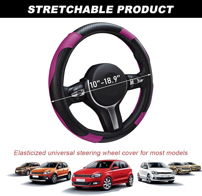 DXNQ Car Steering Wheel Cover, 15 Inch Carbon Fiber Leather Stitching Color Steering Wheel Protector, Anti-Slip Elastic Breathable Steering Wheel Cover Stylish Decor for Most Cars (Black&Purple)
