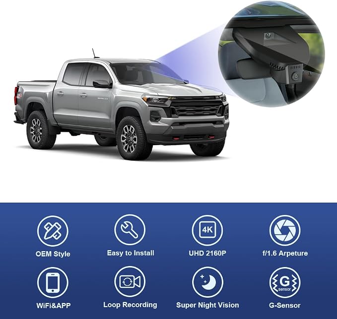 Fitcamx 4K Dash Cam Suitable for Chevy Colorado 2023-2026 with Auto-Dimming (HD2-D5800), OEM Factory Look, UHD 2160P Video, Built-in WiFi & APP, Loop Recording, G-Sensor, Plug & Play, 64GB Card